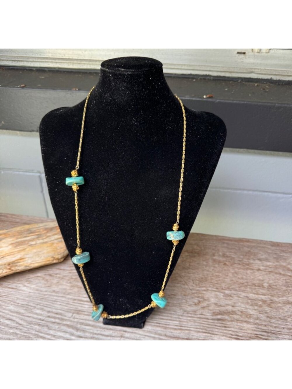 Pauline Rader Vintage Turquoise Stone Gold Tone Necklace 28” Signed Designer